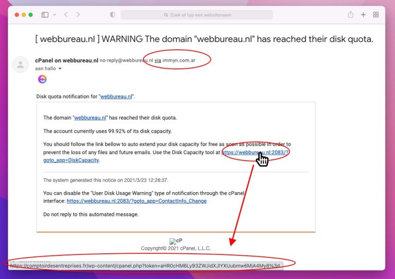 Voorbeeld van de Cpanel phishingmail