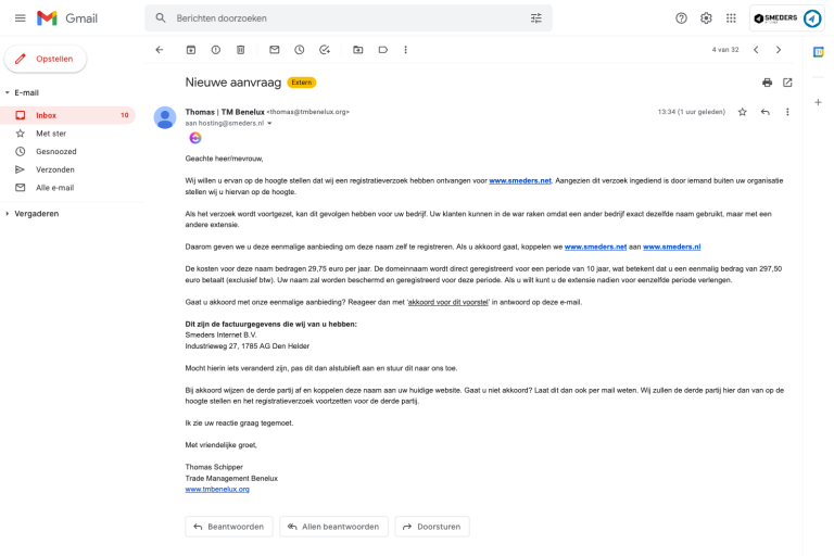 De mail van TM Benelux